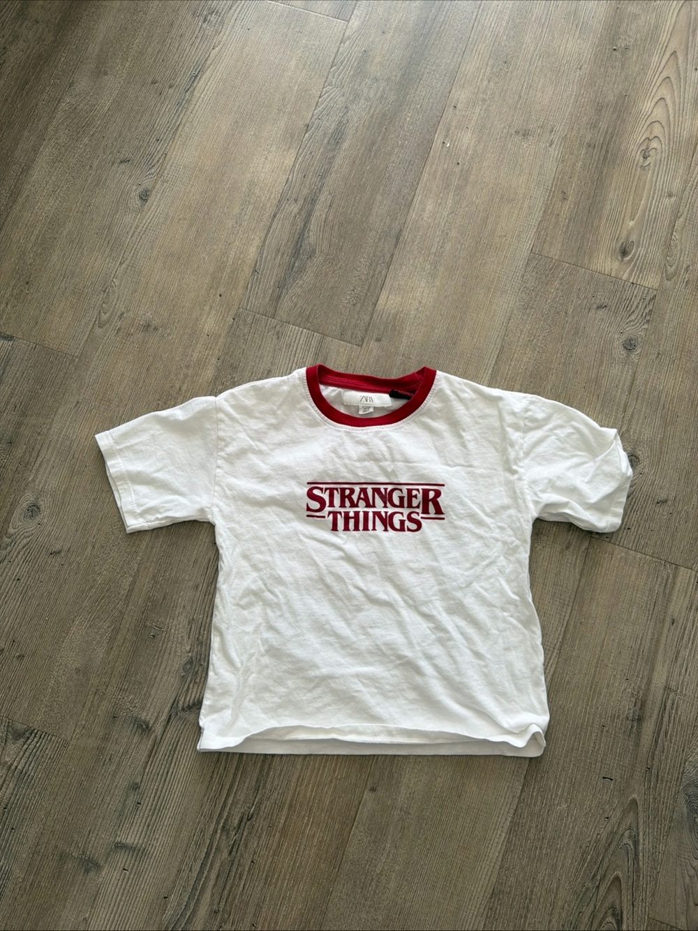 Zara White Tee with Red Ringer and 'Stranger Things' Logo